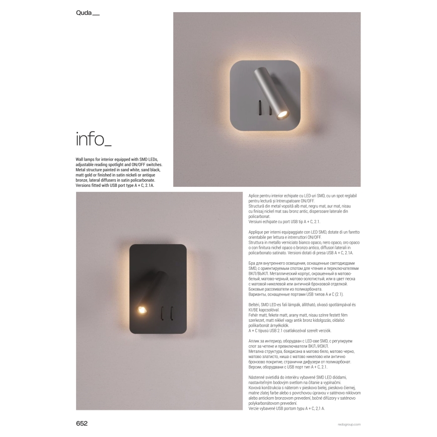 Redo 01-4473 - LED væglampe QUDA LED/6W/230V + LED/3W CRI 90 bronzefarvet