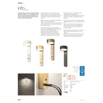 Redo 01-4643 - LED væglampe SADES LED/6W/230V CRI 90 USB sort