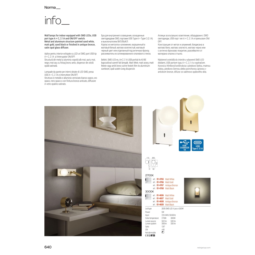 Redo 01-4660 - LED-væglampe NORMA LED/5W/230V + LED/3W CRI 90 USB, hvid