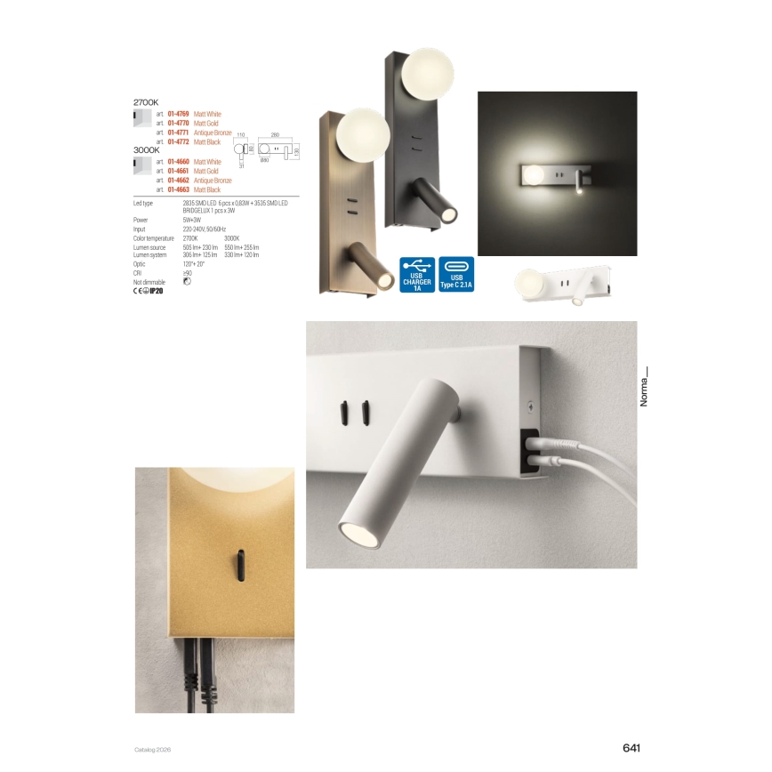 Redo 01-4660 - LED-væglampe NORMA LED/5W/230V + LED/3W CRI 90 USB, hvid