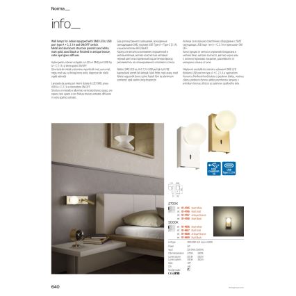 Redo 01-4662 - LED væglampe NORMA LED/5W/230V + LED/3W CRI 90 USB hvid/bronze