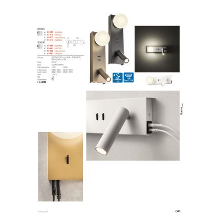 Redo 01-4662 - LED væglampe NORMA LED/5W/230V + LED/3W CRI 90 USB hvid/bronze