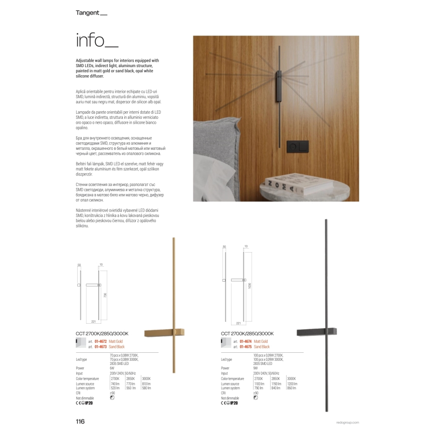 Redo 01-4672 - LED væglampe TANGENT LED/6W/230V 2700/2850/3000K CRI 90 guld