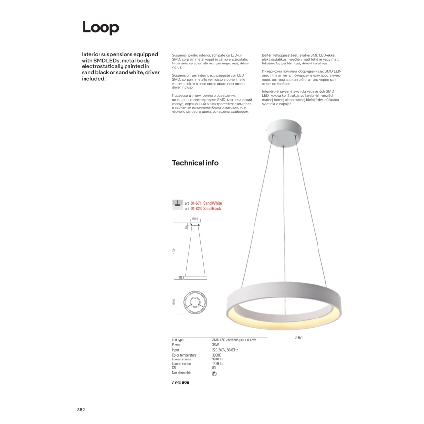 Redo 01-672 - LED pendel LOOP LED/48W/230V diameter 60 cm hvid
