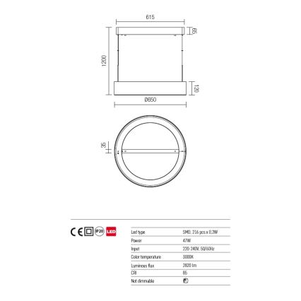 Redo 01-924 - LED pendel BOND LED/47W/230V 3000K grå
