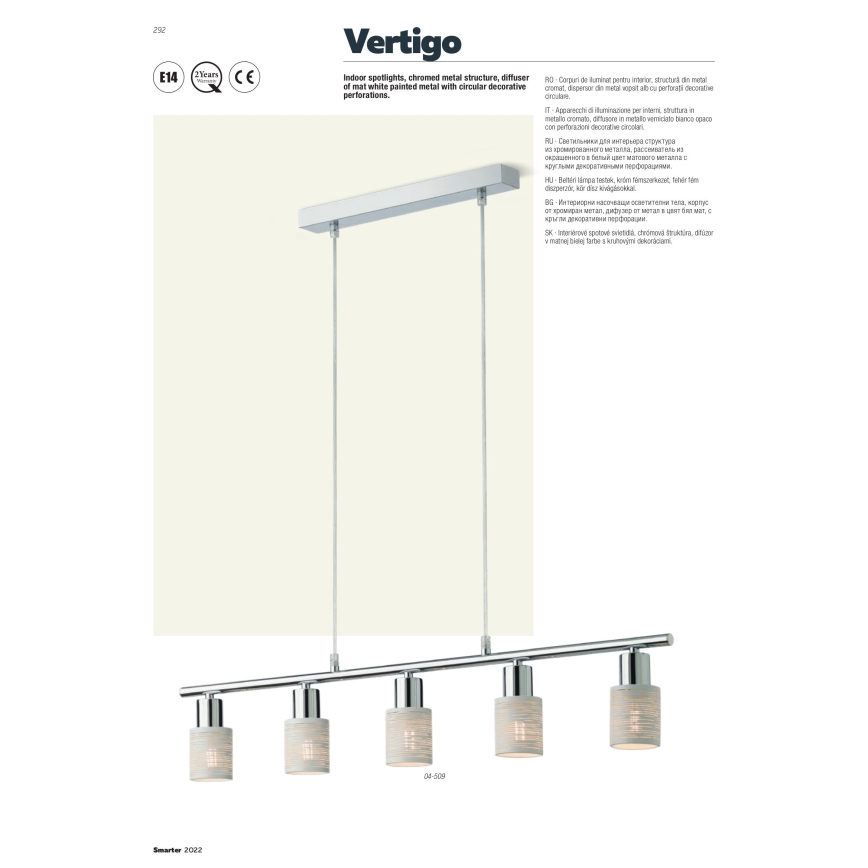 Redo 04-509 - Lysekrone med wireophæng VERTIGO 5xE14/28W/230V blank krom/hvid
