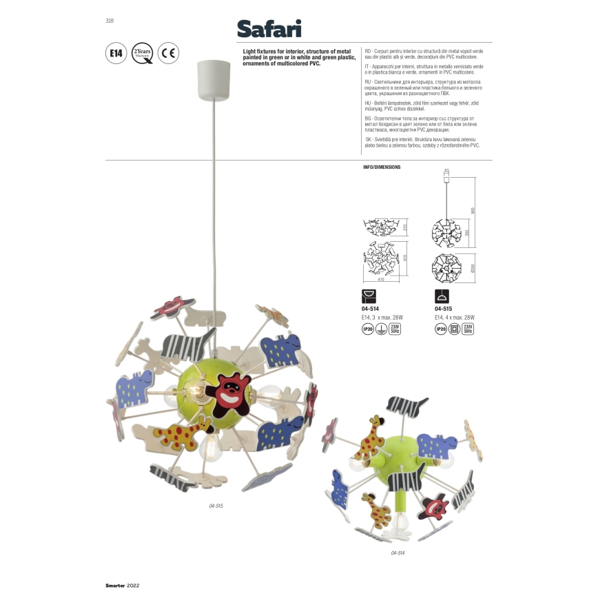 Redo 04-514 - Loftlampe til børn SAFARI 3xE14/3W/230V diameter 41 cm farverig