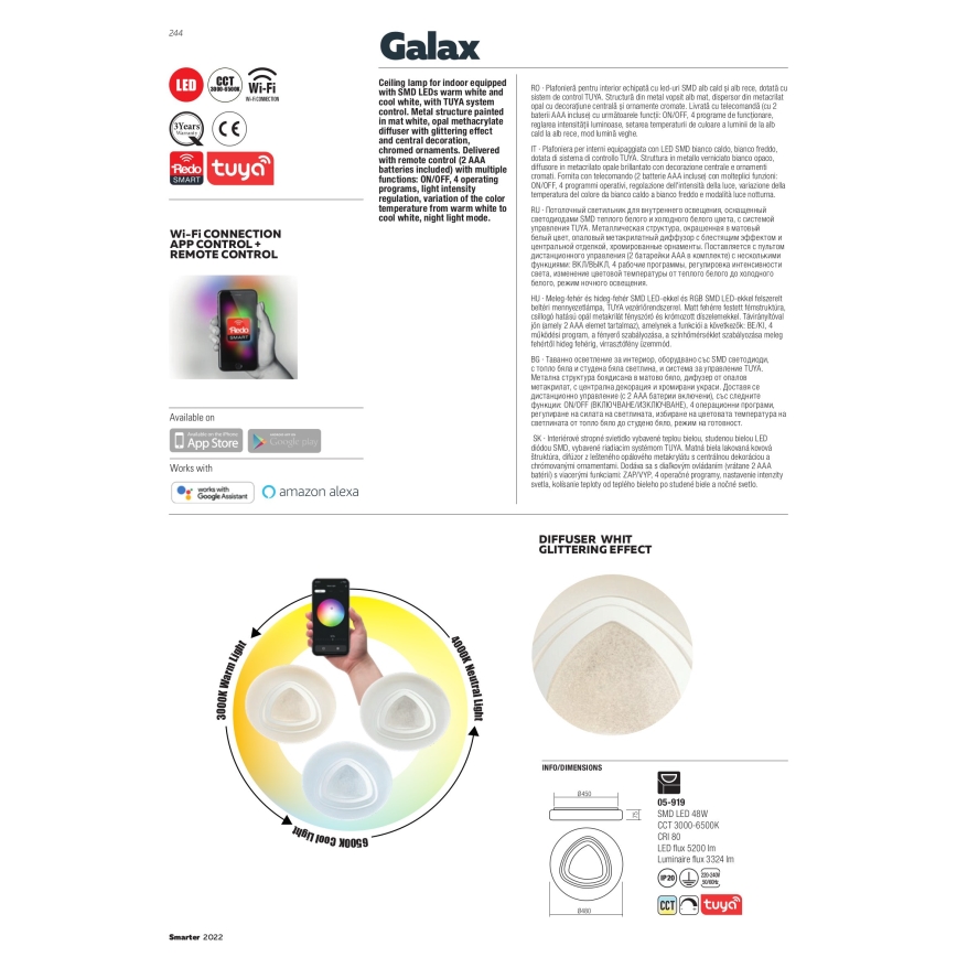 Redo 05-919 - LED-dæmpbar loftlampe GALAX LED/48W/230V 3000-6500K Wi-Fi Tuya Ø 48 cm hvid + fjernbetjening