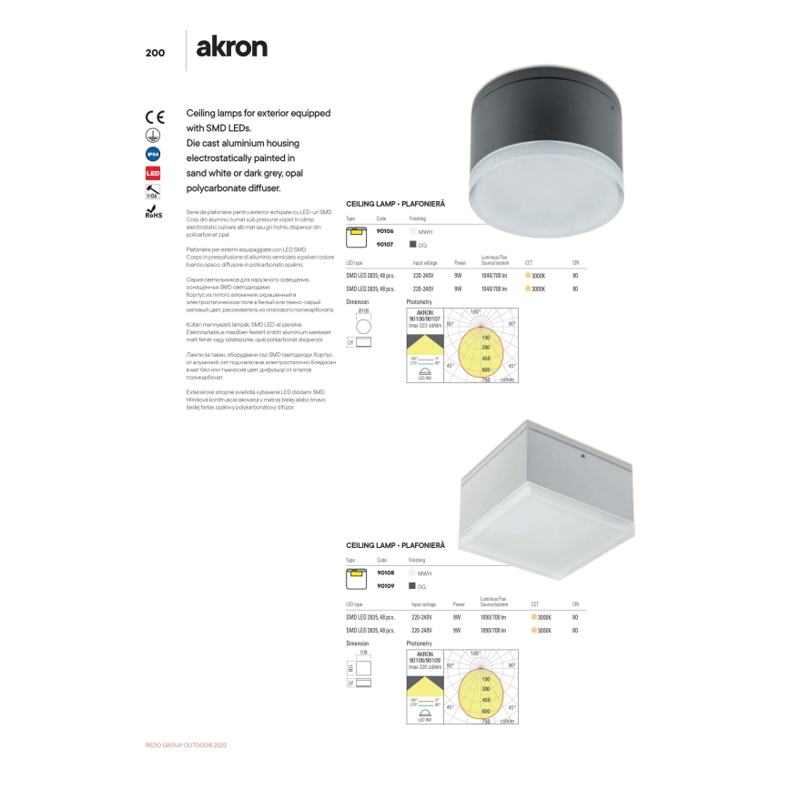 Redo 90107 - Udendørs LED loftlampe AKRON 1xLED/9W/230V diameter 10,8 cm IP54