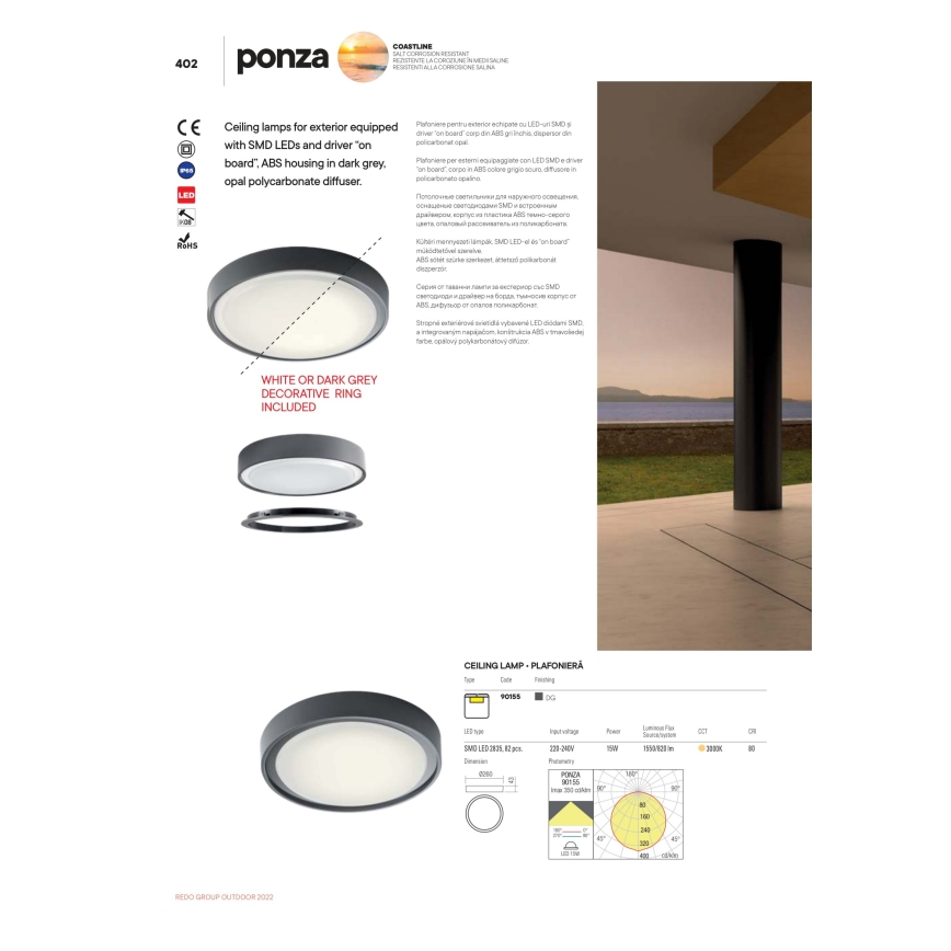 Redo 90156 - Udendørs LED loftlampe PONZA LED/18W/230V diameter 30 cm IP65