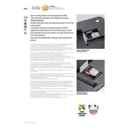 Redo 90290 - Udendørs LED loftlampe med sensor ISOLA LED/24W/230V 3000/4000/6500K IP54