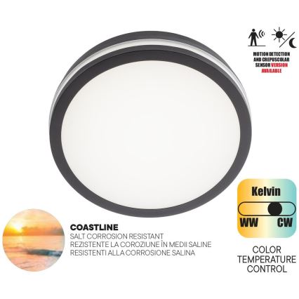 Redo 90290 - Udendørs LED loftlampe med sensor ISOLA LED/24W/230V diameter 26 cm 3000/4000/6500K IP54 antracit