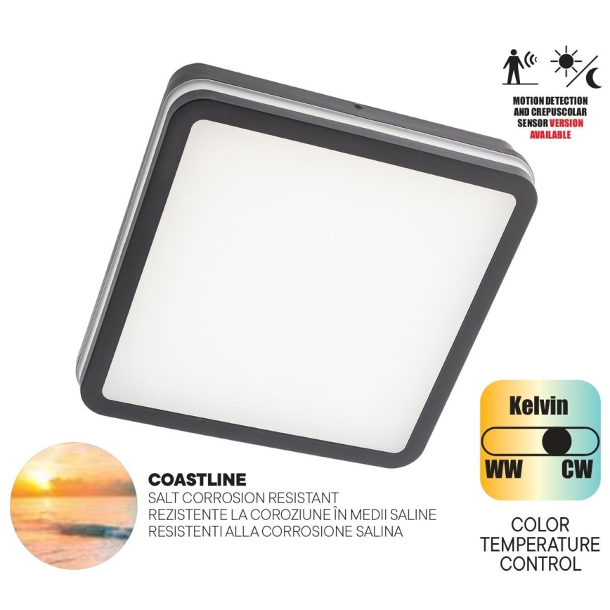 Redo 90292 - Udendørs LED loftlampe med sensor ISOLA LED/24W/230V 26x26 cm 3000/4000/6500K IP54 antracit