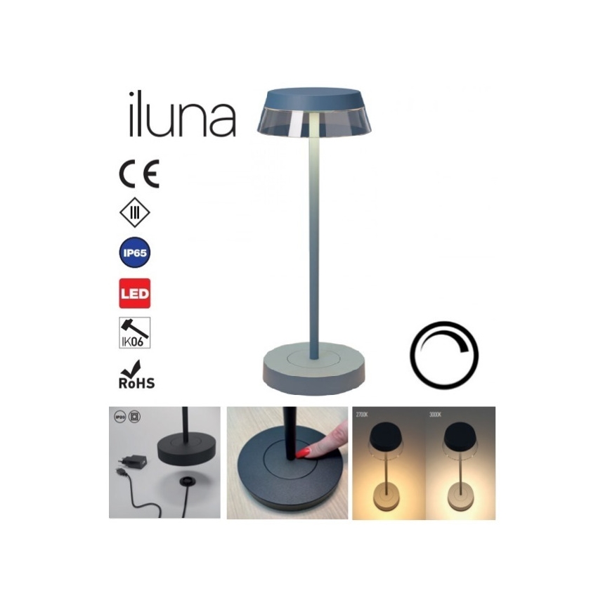 Redo 90310 - LED bordlampe m. touch-funktion dæmpbar ILUNA LED/2,5W/5V 2700-3000K 3000 mAh IP65 blå