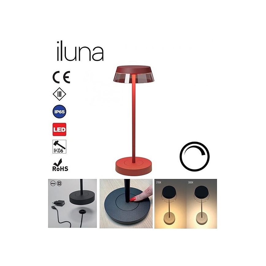 Redo 90311- LED bordlampe m. touch-funktion dæmpbar ILUNA LED/2,5W/5V 2700-3000K 3000 mAh IP65 rød