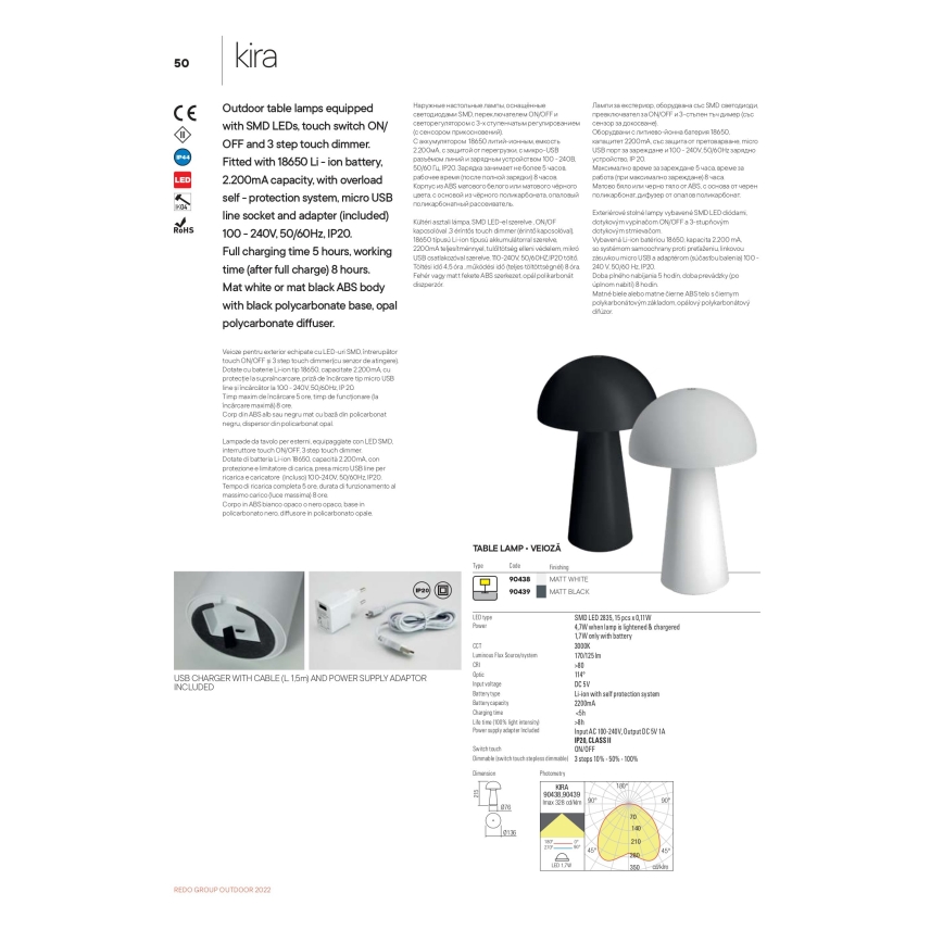 Redo 90438 - LED-dæmpbar touch-udendørslampe KIRA LED/4,7W/230V 2200 mAh IP44 hvid