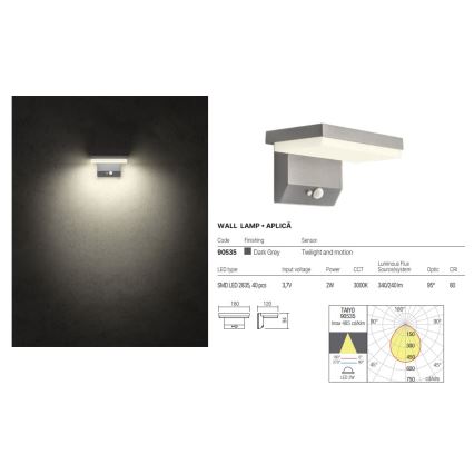 Redo 90535 - Soldrevet LED væglampe med sensor TAIYO LED/2W/3,7V 3000K 2200 mAh IP54 antracit
