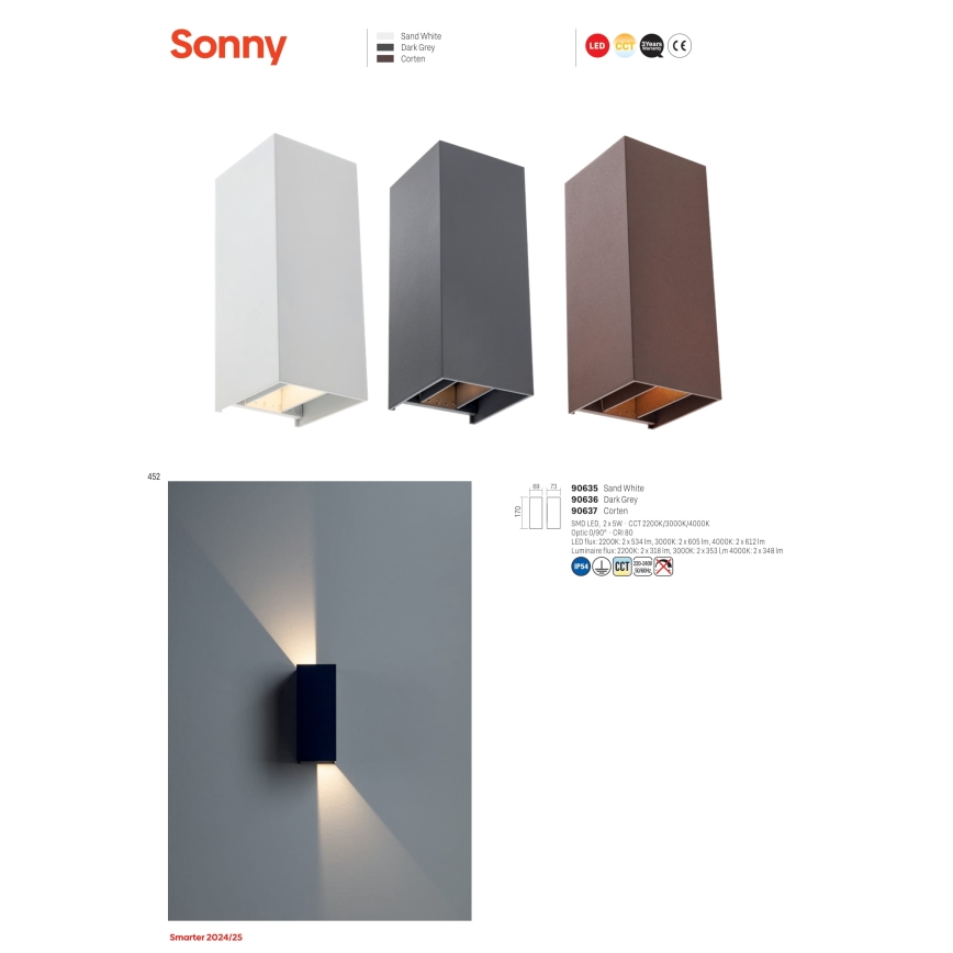 Redo 90635 - Udendørs LED væglampe SONNY 2xLED/5W/230V 2200/3000/4000K IP54 hvid