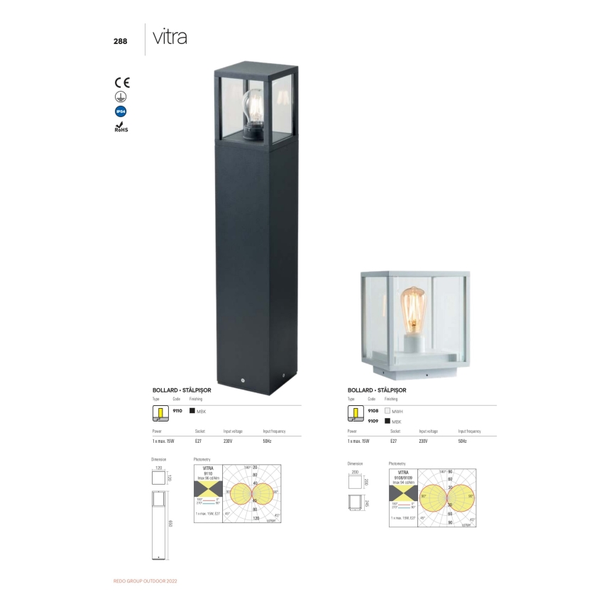 Redo 9109 - Udendørslampe VITRA 1xE27/15W/230V IP54 sort