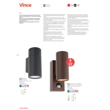 Redo 9455 - LED udendørs væglampe med sensor VINCE 2xLED/3W/230V IP54 brun