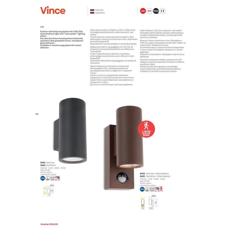 Redo 9455 - LED udendørs væglampe med sensor VINCE 2xLED/3W/230V IP54 brun