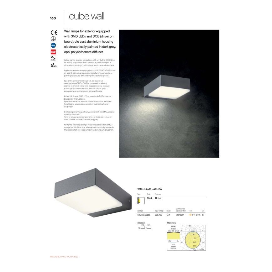Redo 9560 - Udendørs LED væglampe CUBE LED/7W/230V 3000K IP54 antracit