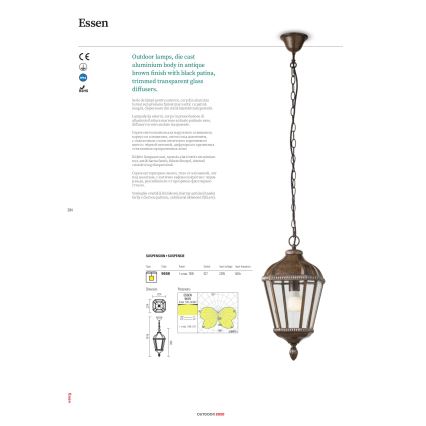 Redo 9662 - Udendørslampe ESSEN 1xE27/70W/230V 221,5 cm IP44 brun/patina