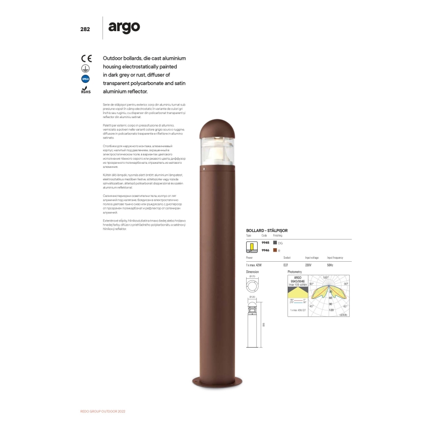 Redo 9946 - Udendørslampe ARGO 1xE27/42W/230V IP54 brun