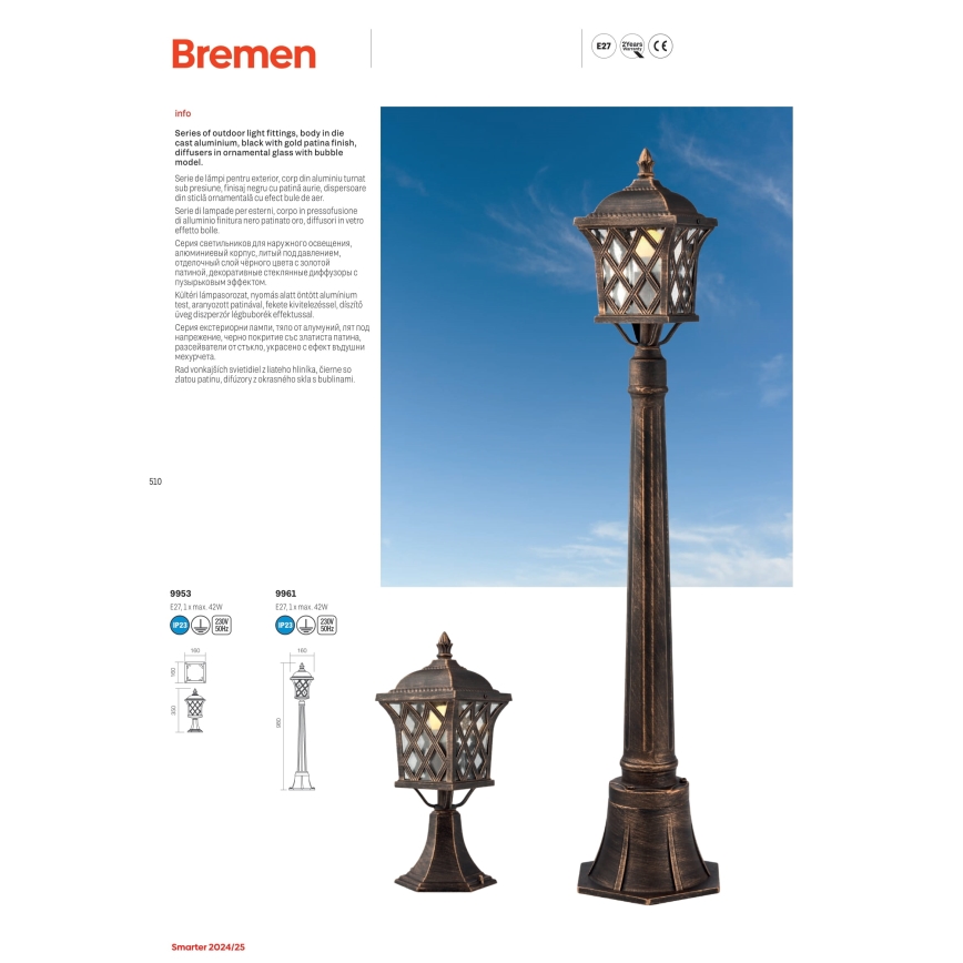 Redo 9953 - Udendørslampe BREMEN 1xE27/42W/230V IP23 guldfarvet/patina