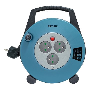 Retlux - Forlængerledning på kabeltromle, 3 udtag, Type E, 10 m, blå/sort