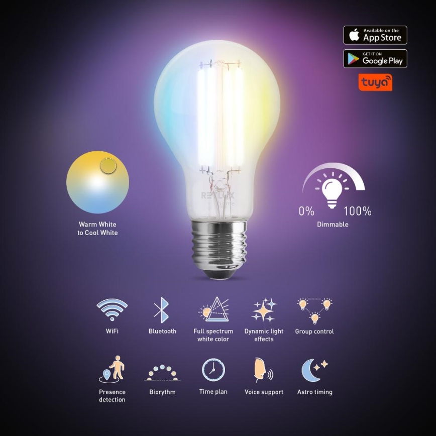 LED Dæmpbar Pære FILAMENT A60 E27/7W/230V 2700-6500K Wi-Fi Tuya