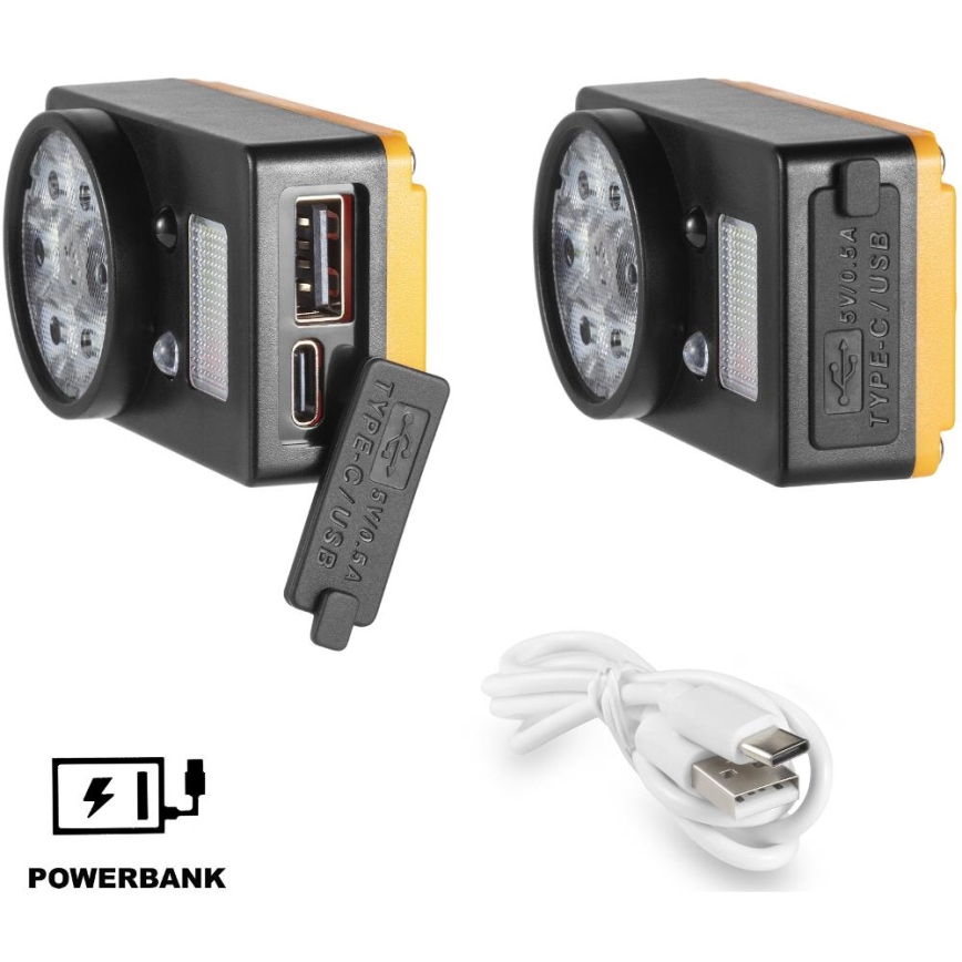Genopladelig LED-pandelampe med sensor og powerbankfunktion (1200 mAh), IP44, sort