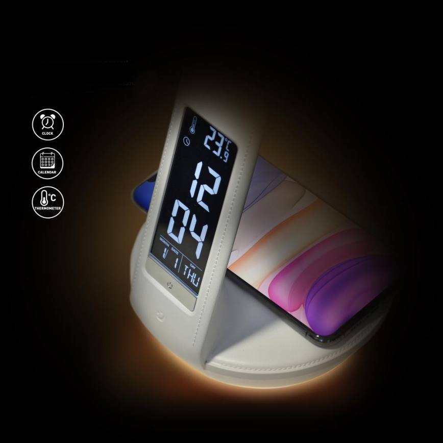 LED bordlampe m. trådløs opladning dæmpbar Qi 5W og display LED/6W/230V 3000/4000/6000K hvid