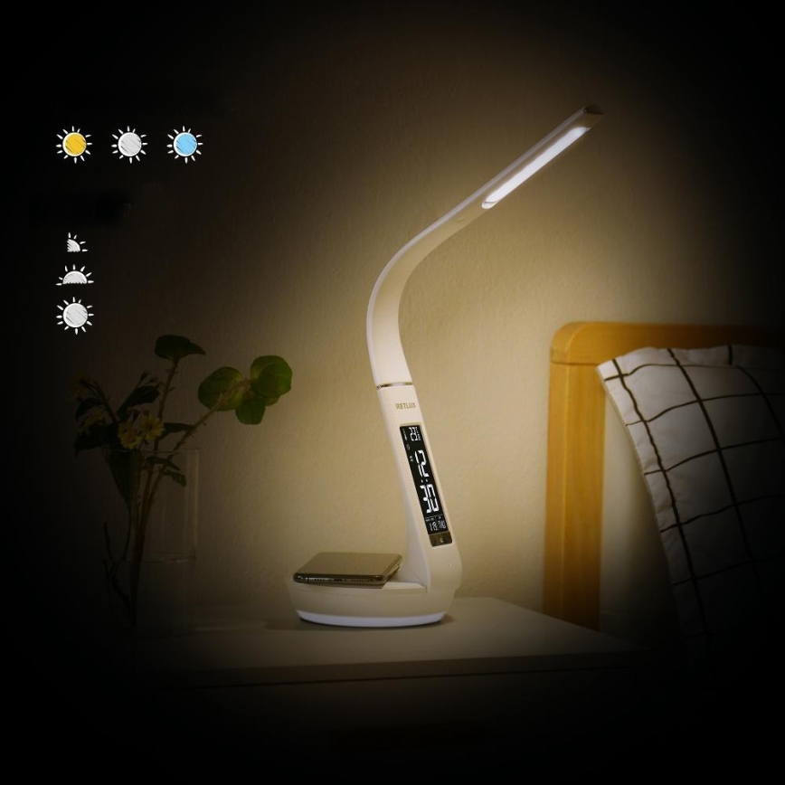 LED bordlampe m. trådløs opladning dæmpbar Qi 5W og display LED/6W/230V 3000/4000/6000K hvid