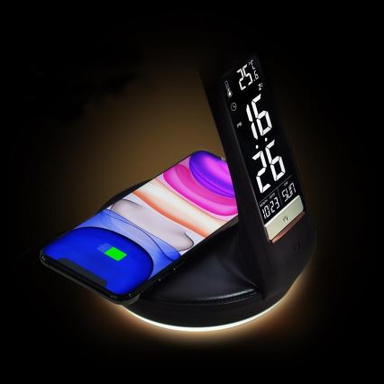 LED bordlampe m. trådløs opladning dæmpbar Qi 5W og display LED/6W/230V 3000/4000/6000K sort
