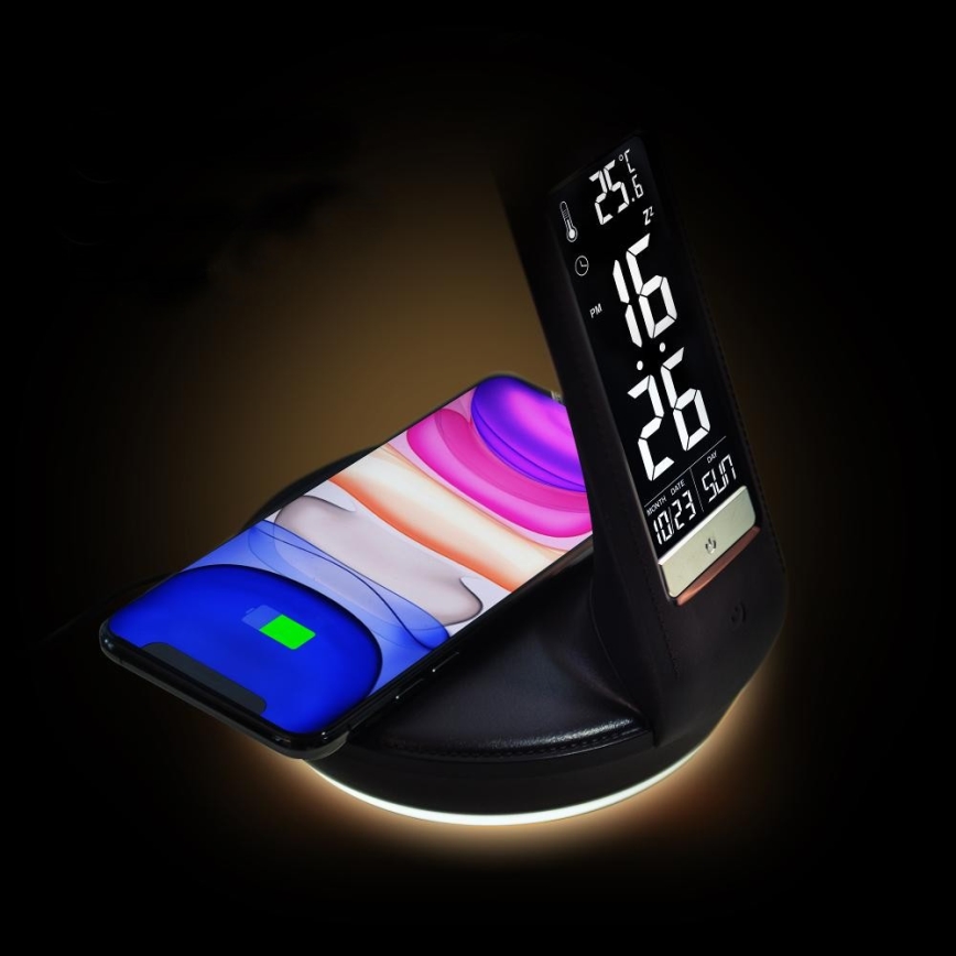LED bordlampe m. trådløs opladning dæmpbar Qi 5W og display LED/6W/230V 3000/4000/6000K sort