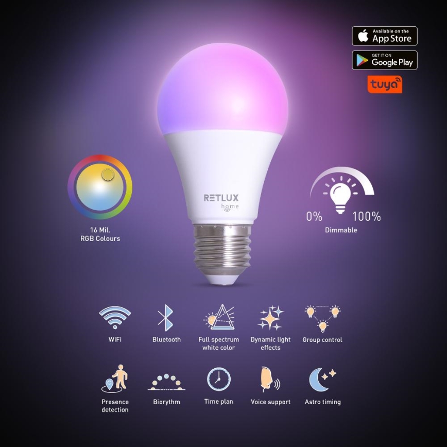 LED-pære med RGBW-farver dæmpbar A60 E27/9W/230V 2700-6500K Wi-Fi Tuya