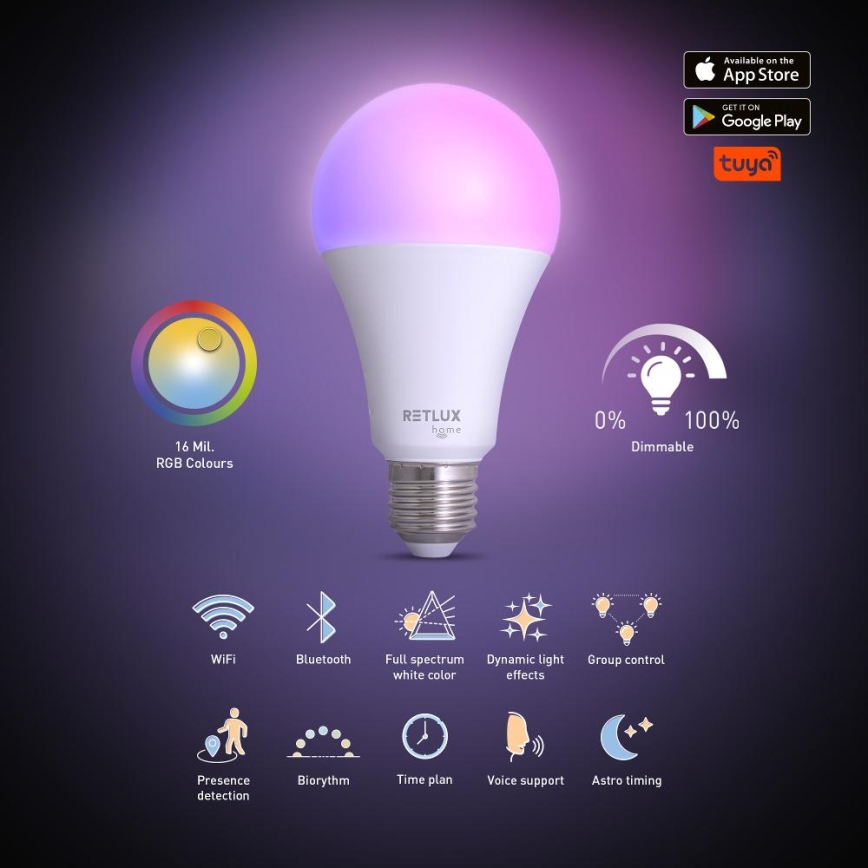 LED-pære med RGBW-farver dæmpbar A70 E27/14W/230V 2700-6500K Wi-Fi Tuya
