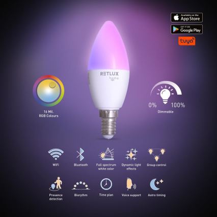LED-pære med RGBW-farver dæmpbar C37 E14/4,5W/230V 2700-6500K Wi-Fi Tuya