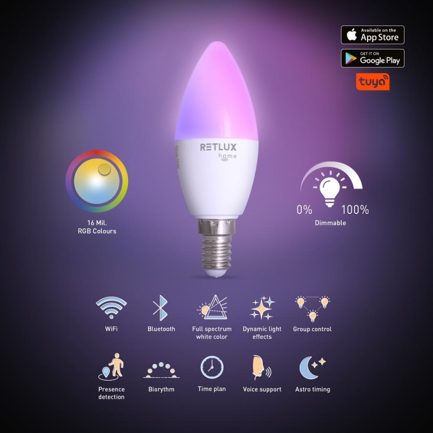 LED-pære med RGBW-farver dæmpbar C37 E14/4,5W/230V 2700-6500K Wi-Fi Tuya