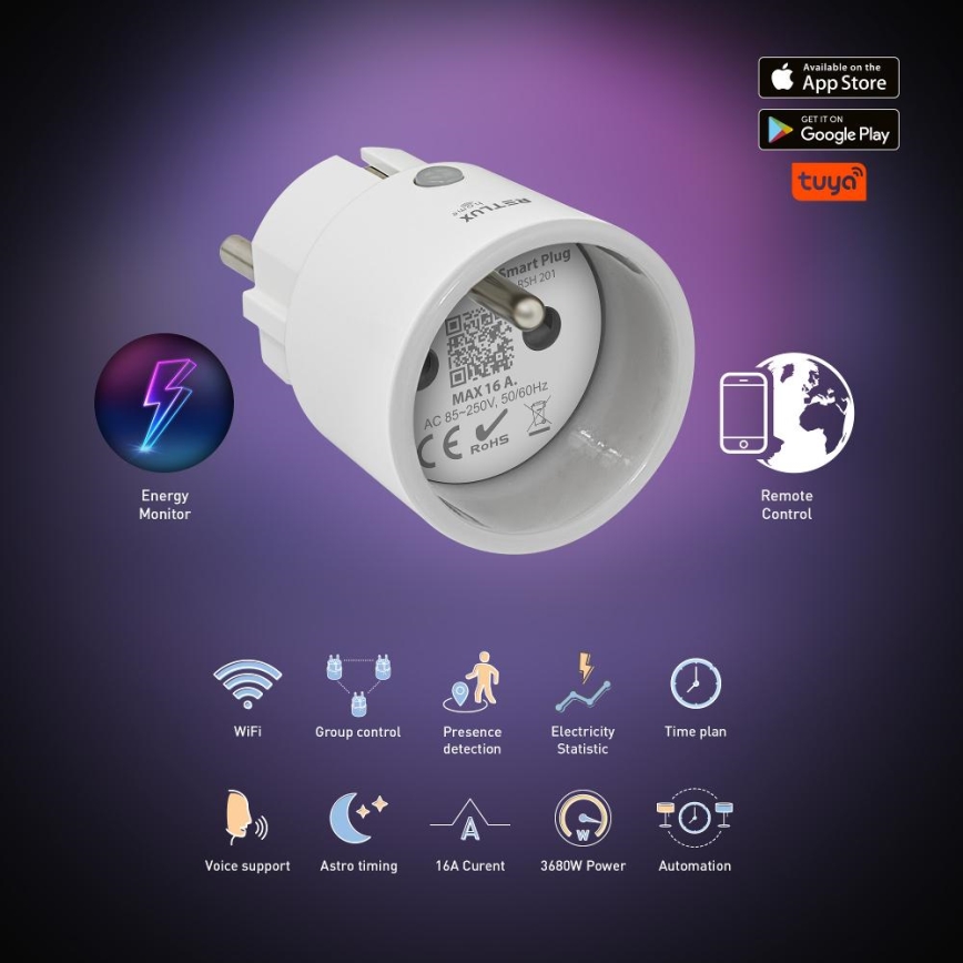 Smart-stik 3680W/230V/Type E/16A Wi-Fi Tuya