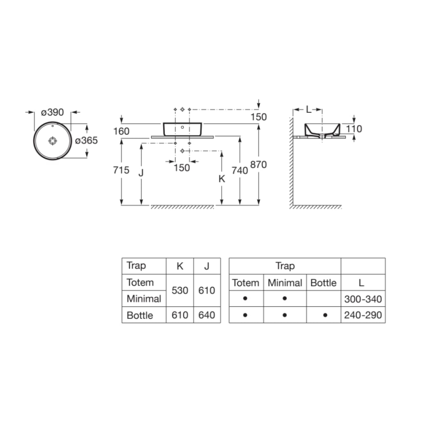 Roca A3270MJ000 - Indbygget vask GAP Ø 39 cm keramik/hvid
