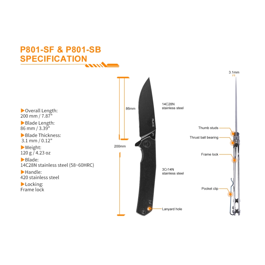 Ruike RUP801SB - Foldekniv 20 cm grå
