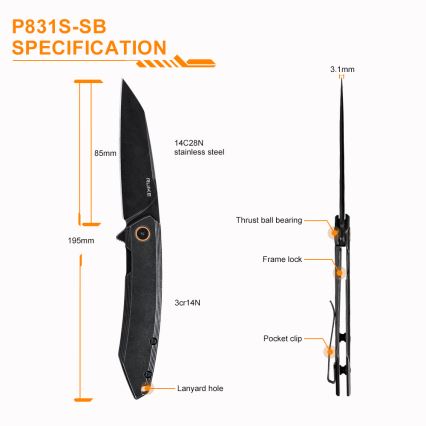 Ruike RUP831SSB - Kompakt foldekniv 19,5 cm sort