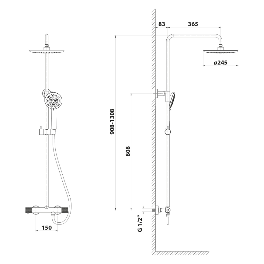 Sapho - Brusesæt med blandingsbatteri SOLARIS, mat sort