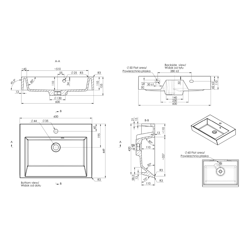 Sapho - Håndvask til bordplade ORINOKO 60x45 cm marmor/hvid