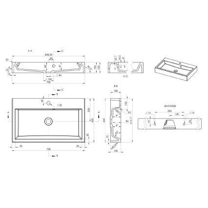 Sapho - Håndvask til bordplade ORINOKO 70x42 cm marmor/hvid
