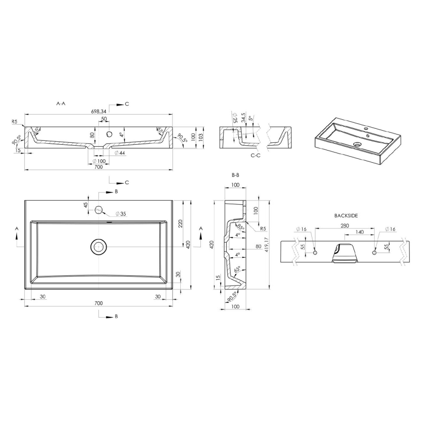 Sapho - Håndvask til bordplade ORINOKO 70x42 cm marmor/hvid