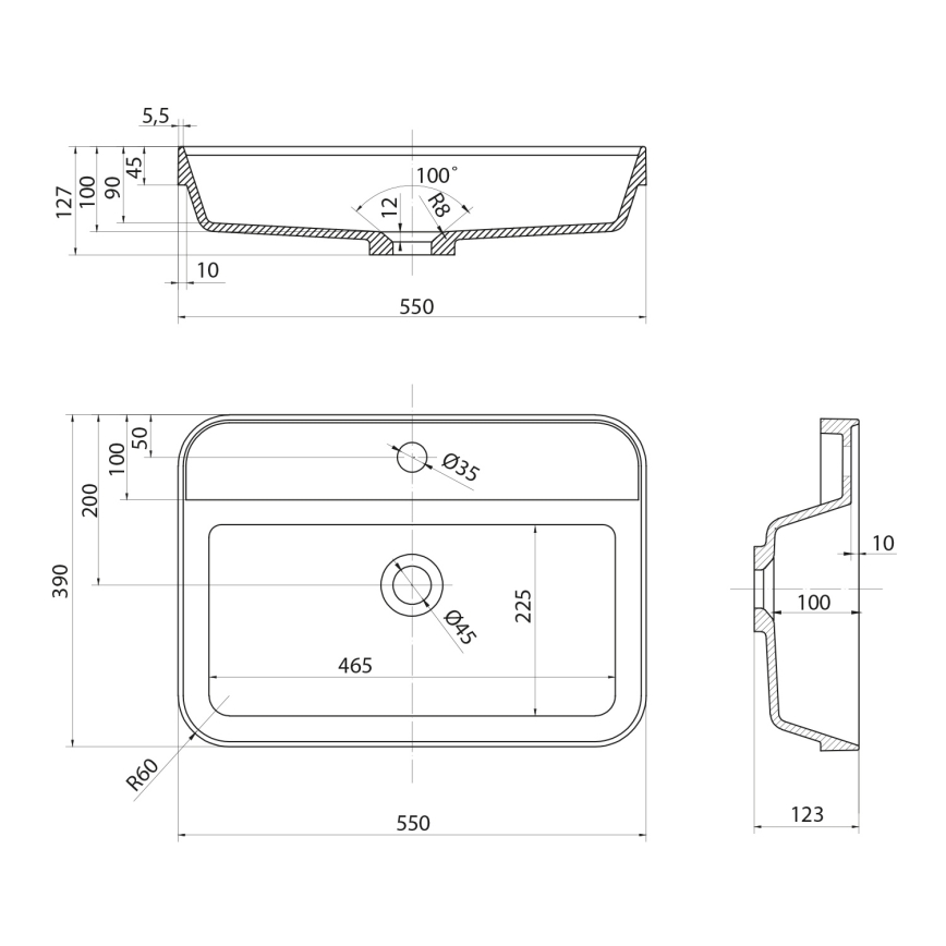 Sapho - Nedfældet håndvask 55x39 cm keramik/hvid