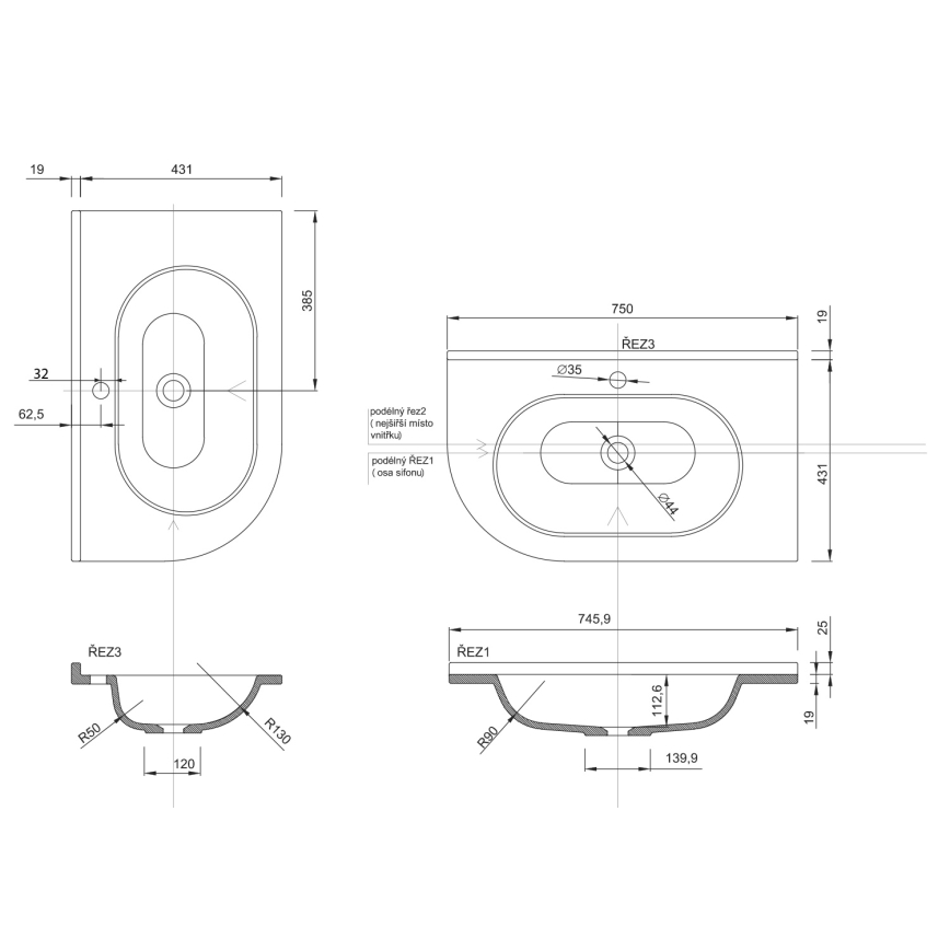 Sapho - Nedfældet hjørnehåndvask PULSE 75x43 cm marmor/hvid